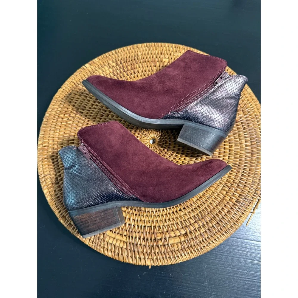 GC Shoes Keller Burgundy Suede Snakeskin Ankle Boots Womens 7 Low Block Heel